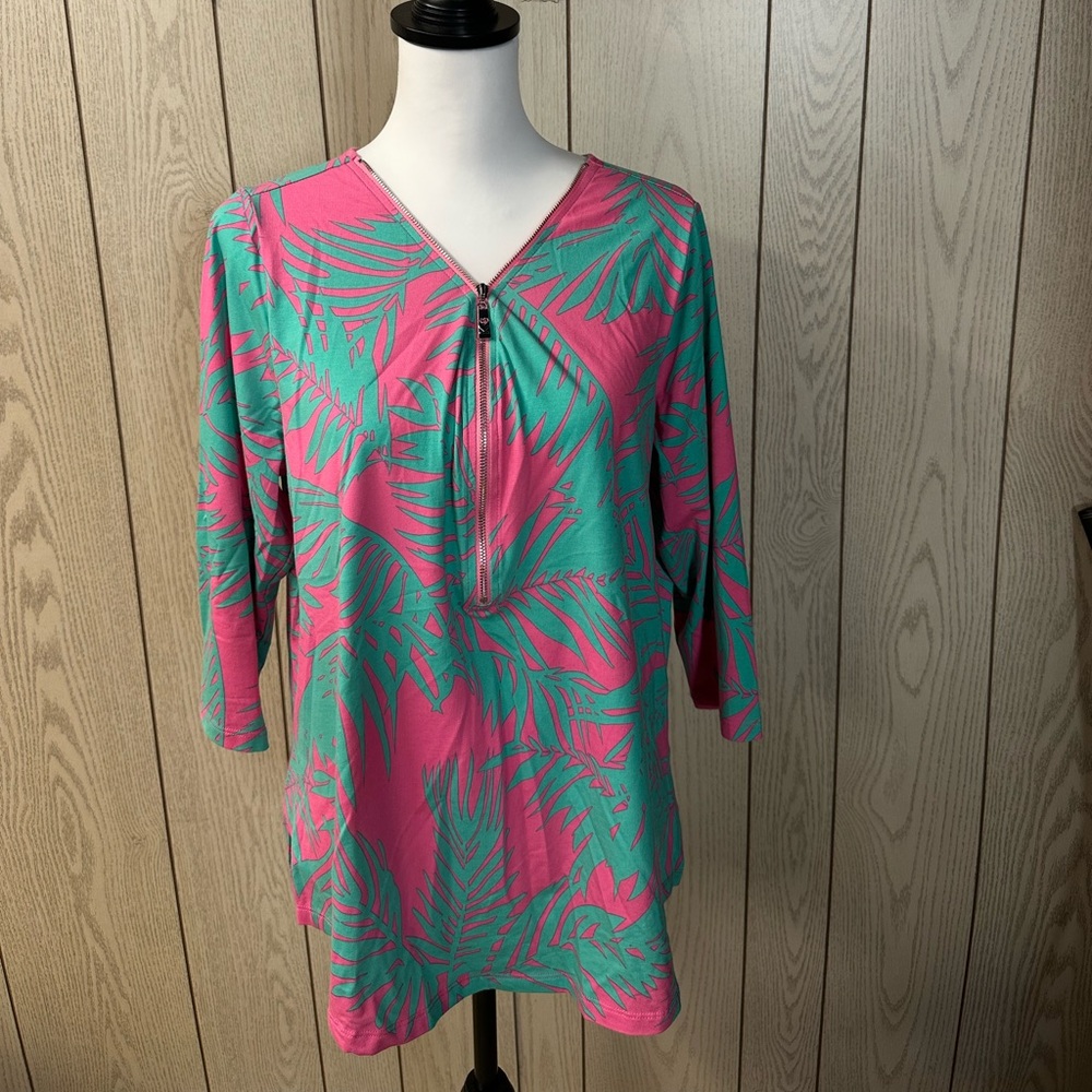 Belle by Kim Gravel Pink and Green Leaf Print Blouse